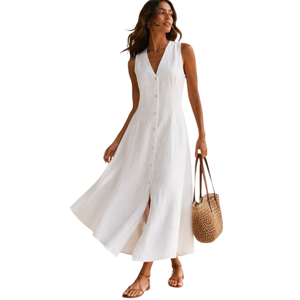 Polo Ralph Lauren Shirt Dress White Linen Button Front Sleeveless Timeless 12